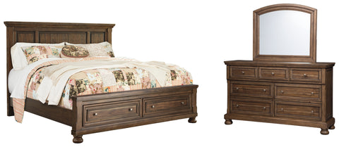 Flynnter California King Panel Bed with 2 Storage Drawers with Mirrored Dresser