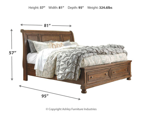 Flynnter California King Sleigh Bed with 2 Storage Drawers with Mirrored Dresser, Chest and 2 Nightstands