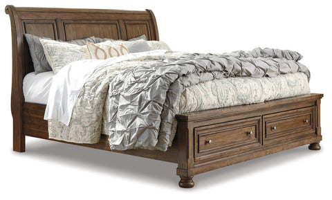 Flynnter Queen Sleigh Bed with 2 Storage Drawers with Mirrored Dresser and 2 Nightstands