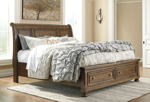 Flynnter California King Sleigh Bed with 2 Storage Drawers with Mirrored Dresser, Chest and 2 Nightstands