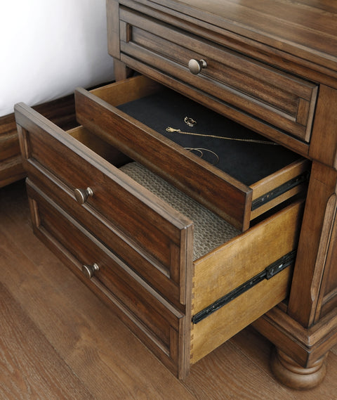 Flynnter Queen Sleigh Bed with 2 Storage Drawers with Mirrored Dresser and 2 Nightstands