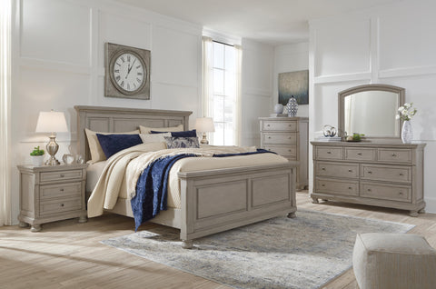 Lettner California King Panel Bed with Mirrored Dresser, Chest and 2 Nightstands