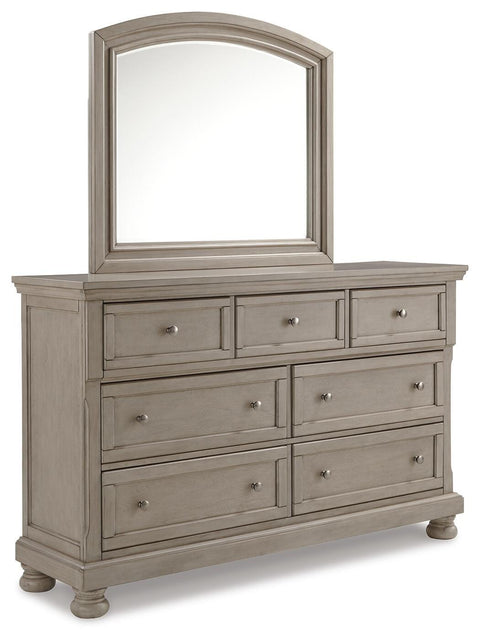 Lettner California King Panel Bed with Mirrored Dresser, Chest and 2 Nightstands