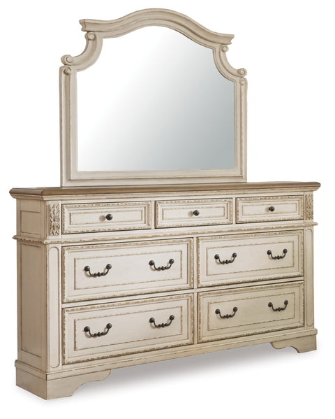 Realyn Queen Upholstered Panel Bed with Mirrored Dresser and 2 Nightstands