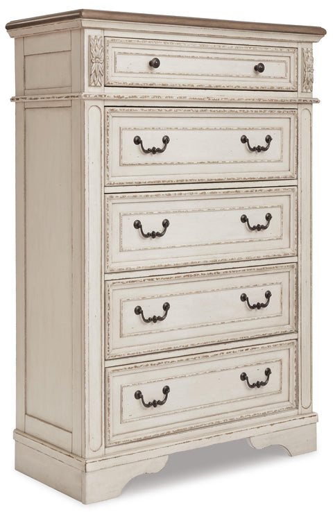 Realyn California King Upholstered Panel Bed with Mirrored Dresser, Chest and 2 Nightstands