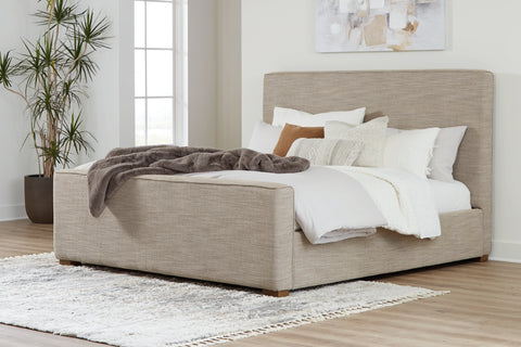 Dakmore California King Upholstered Bed with Mirrored Dresser and 2 Nightstands