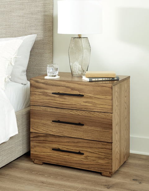Dakmore California King Upholstered Bed with Mirrored Dresser and 2 Nightstands