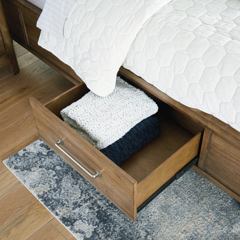 Cabalynn California King Panel Bed with Storage with Mirrored Dresser, Chest and Nightstand