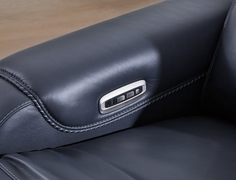 Close-up of a black leather car seat with control panel