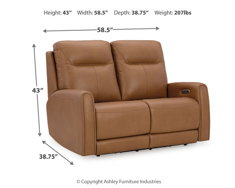 Brown leather recliner with dimensions labeled on a white background